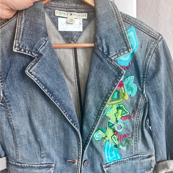 Denim Jacket with modern embrodery with beads. Unique, handmade. - Picture 3 of 6